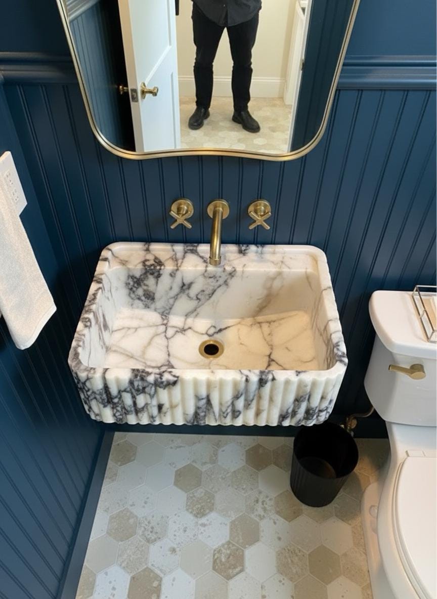 Handcarved Calacatta Viola marble wall mounted sink by Marblyart, custom made to order — photo 8 of 11