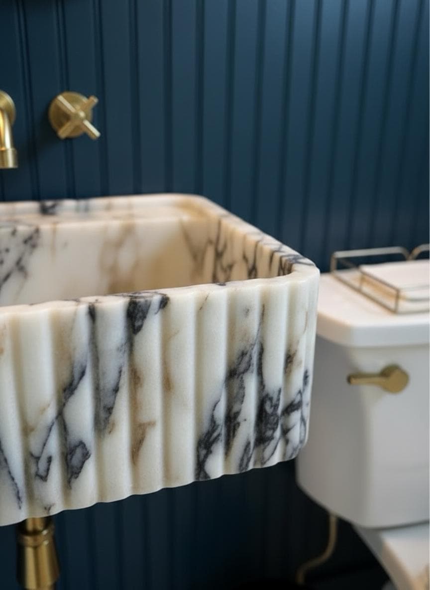 Handcarved Calacatta Viola marble wall mounted sink by Marblyart, custom made to order — photo 10 of 11