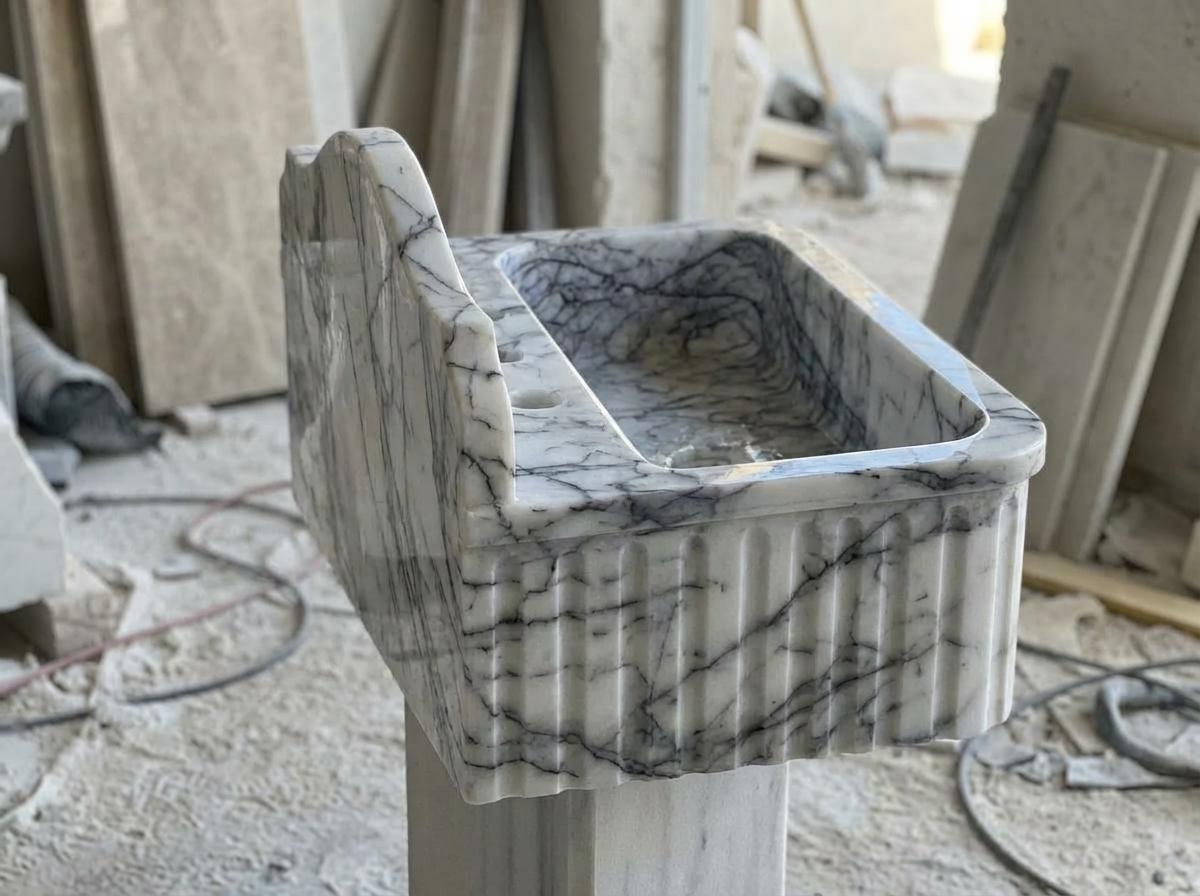 Handcarved Lilac marble fluted vessel sink by Marblyart, custom made to order — photo 8 of 11