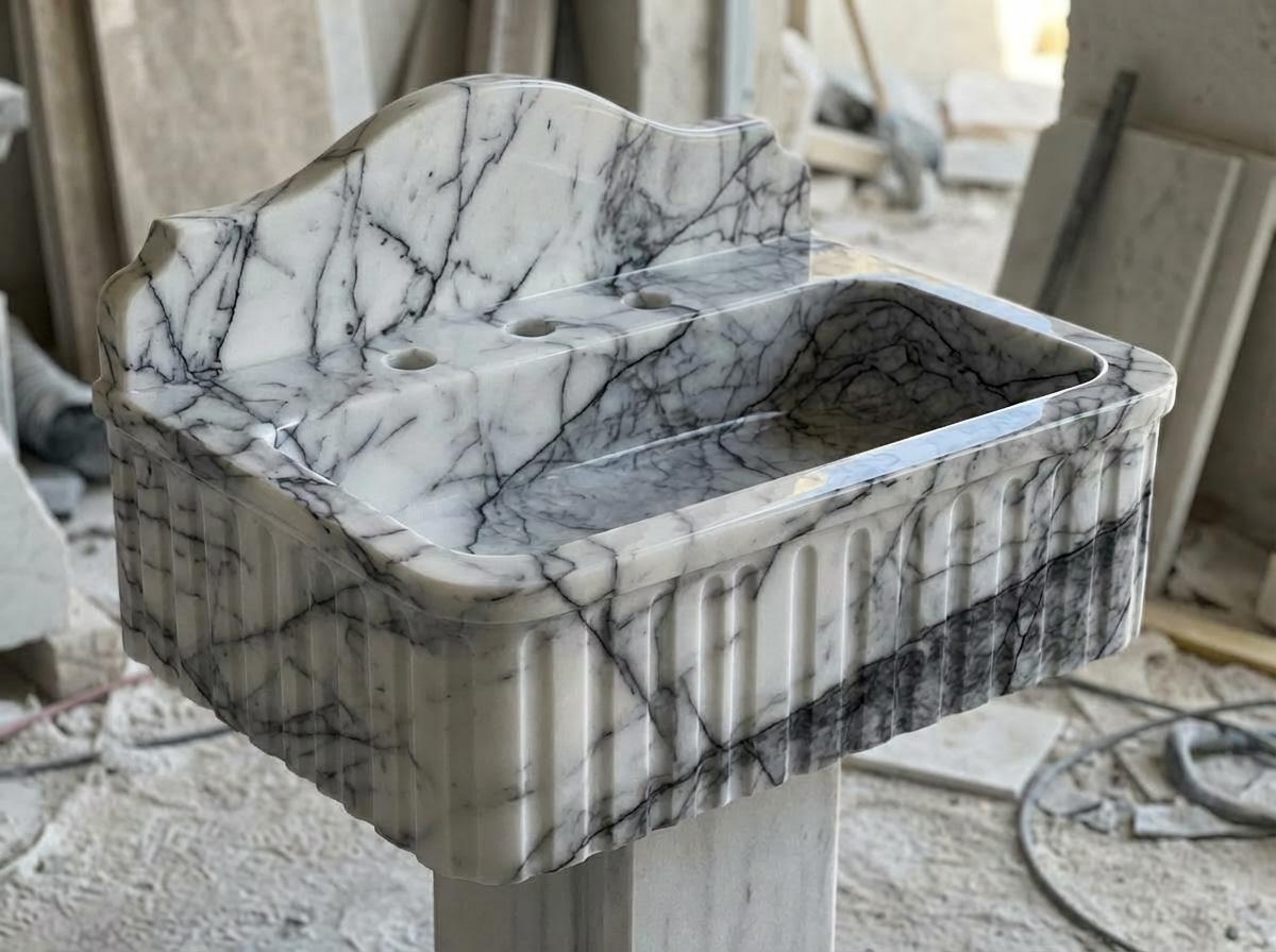 Handcarved Lilac marble fluted vessel sink by Marblyart, custom made to order — photo 10 of 11