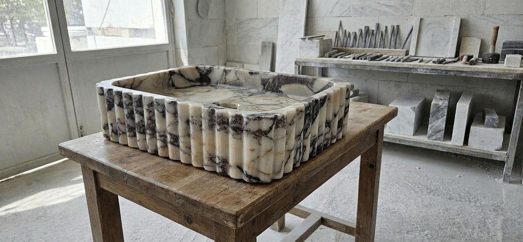 Handcarved Calacatta Viola marble vessel sink by Marblyart, custom made to order — photo 13 of 15