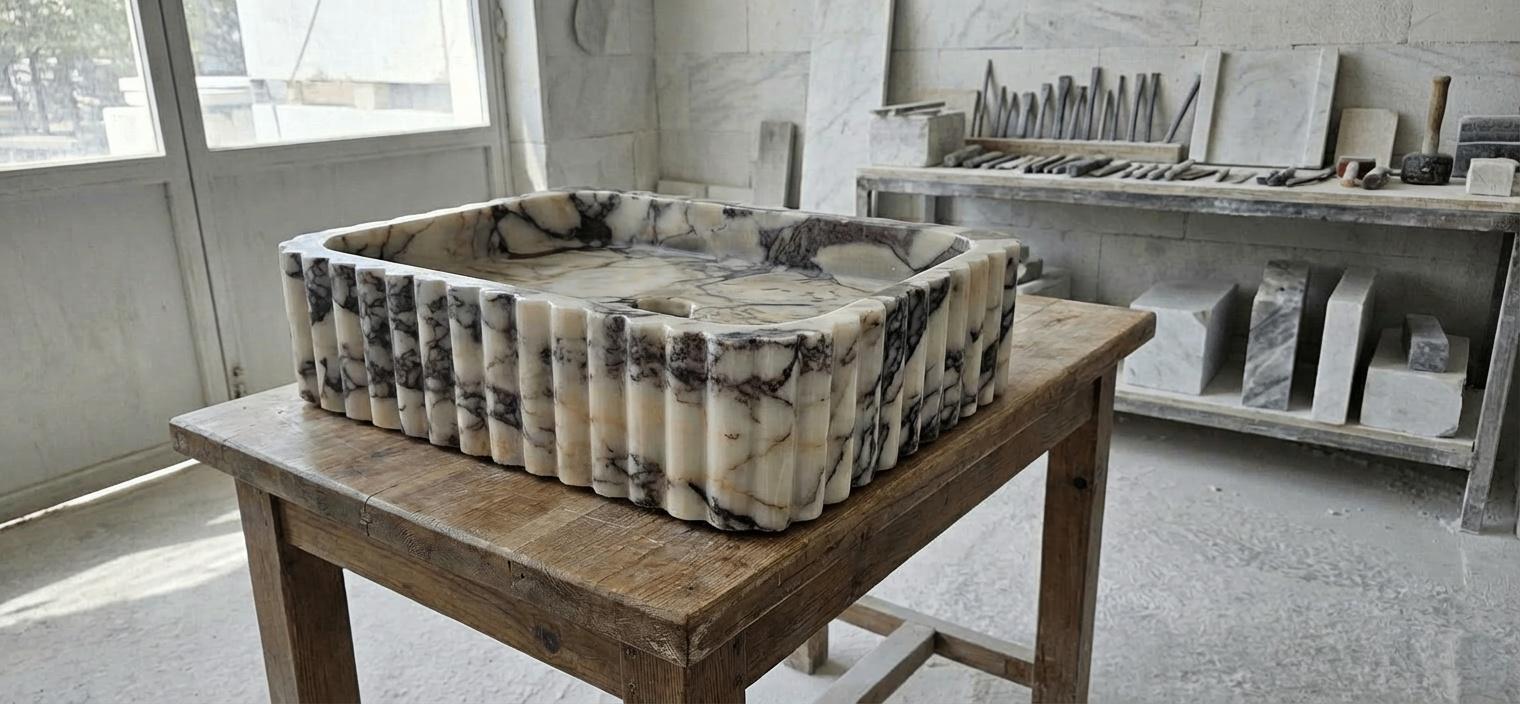Handcarved Calacatta Viola marble vessel sink by Marblyart, custom made to order — photo 13 of 15