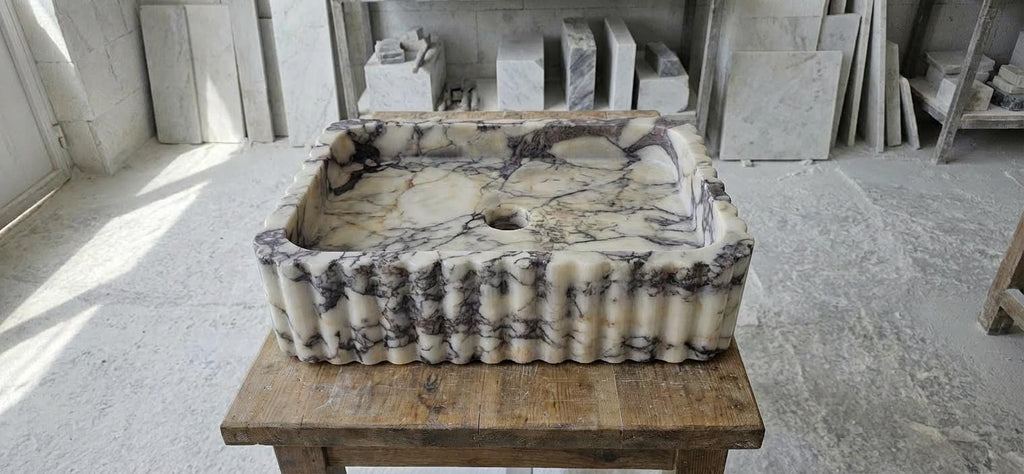 Handcarved Calacatta Viola marble vessel sink by Marblyart, custom made to order — photo 5 of 15