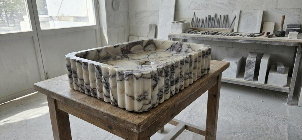 Handcarved Calacatta Viola marble vessel sink by Marblyart, custom made to order — photo 12 of 15