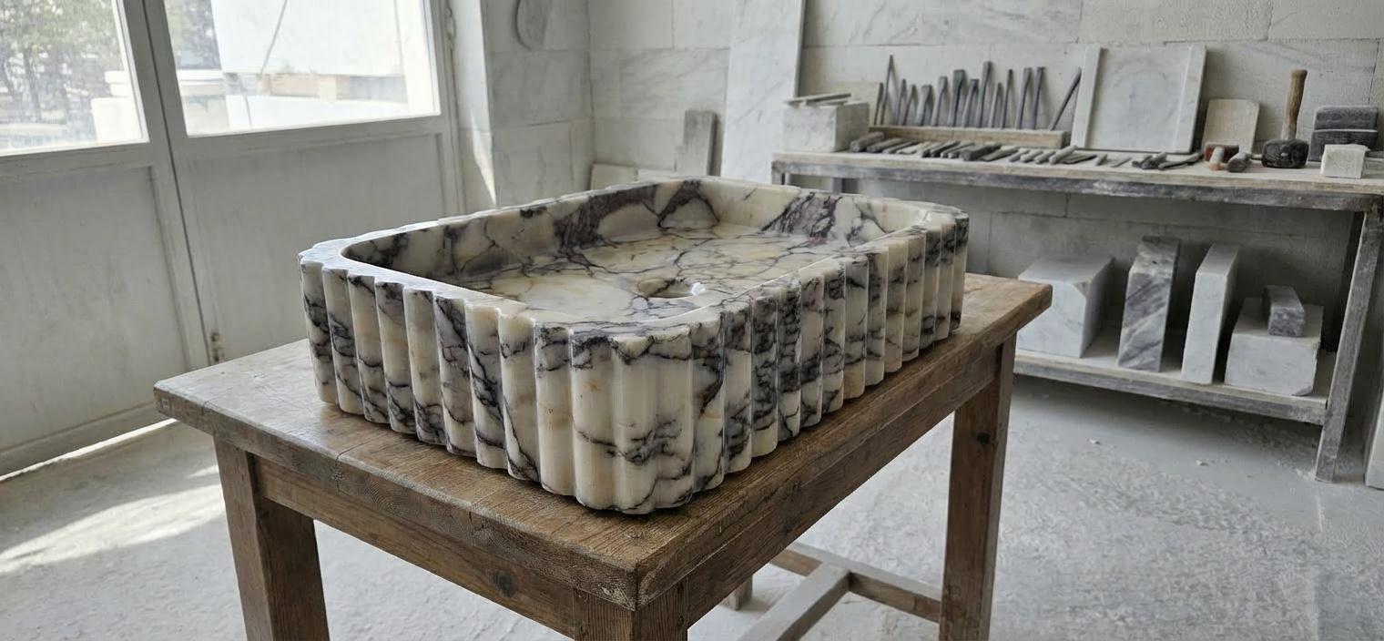 Handcarved Calacatta Viola marble vessel sink by Marblyart, custom made to order — photo 12 of 15