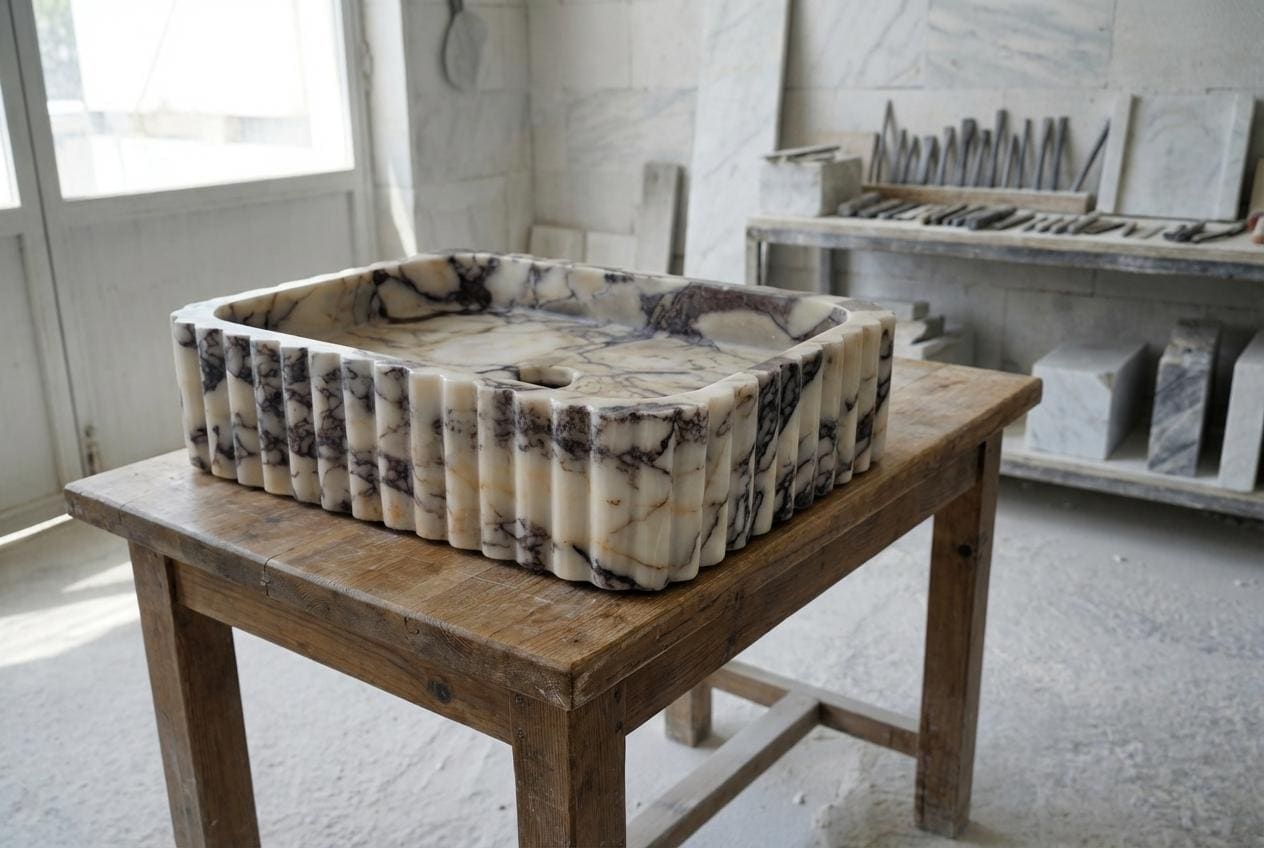 Handcarved Calacatta Viola marble vessel sink by Marblyart, custom made to order — photo 6 of 15