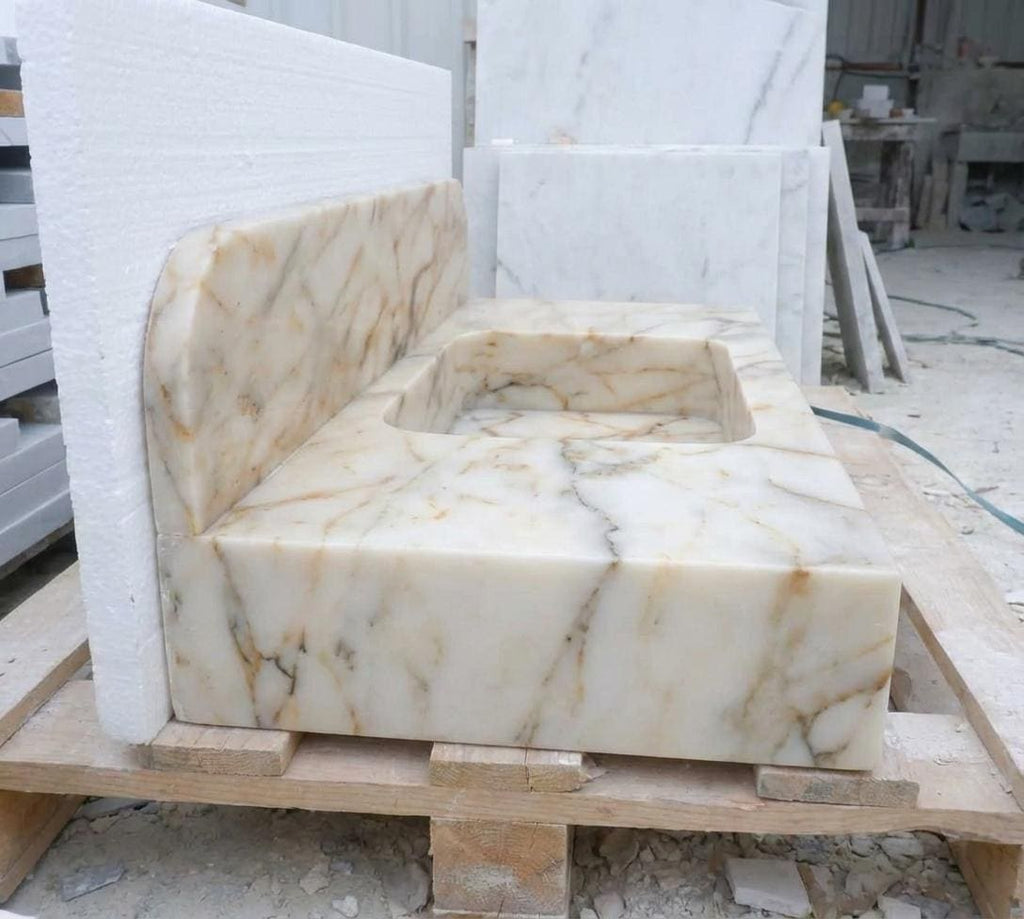 Handcarved Calacatta Gold marble floating vanity sink by Marblyart, custom made to order — photo 4 of 14