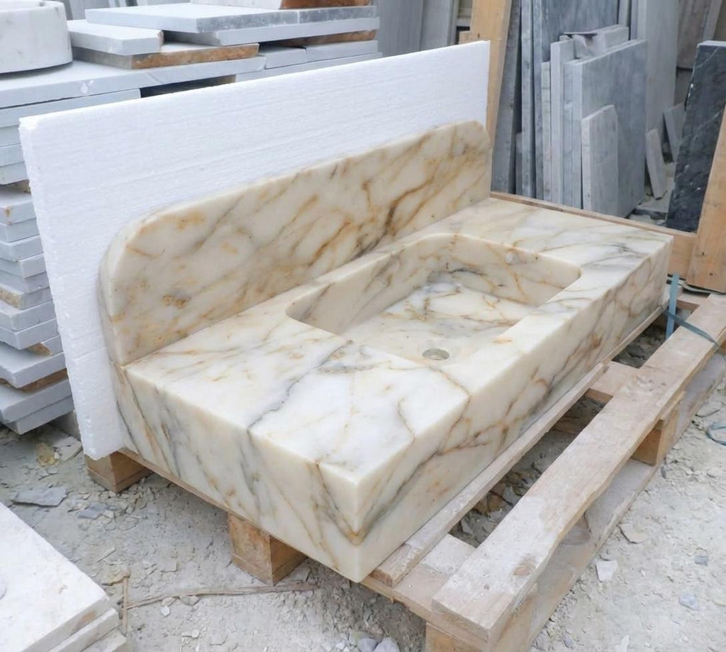 Handcarved Calacatta Gold marble floating vanity sink by Marblyart, custom made to order — photo 9 of 14