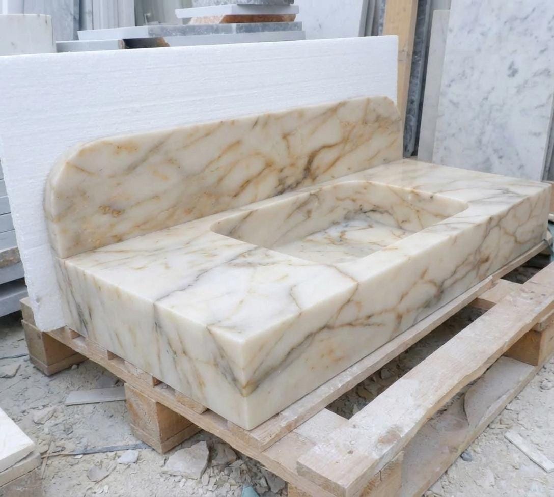 Handcarved Calacatta Gold marble floating vanity sink by Marblyart, custom made to order — photo 14 of 14