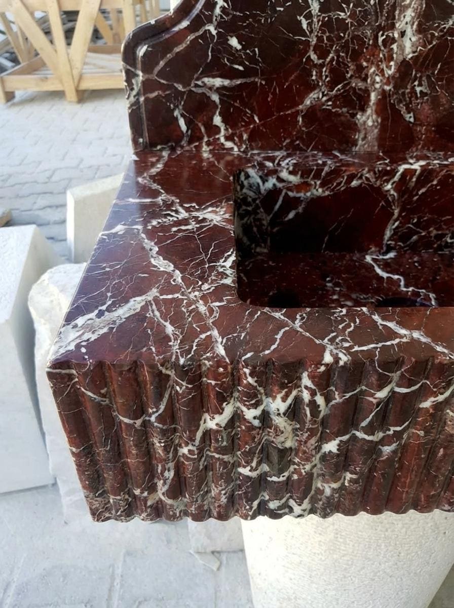 Handcarved Rosso Levanto marble wall mounted sink by Marblyart, custom made to order — photo 8 of 9
