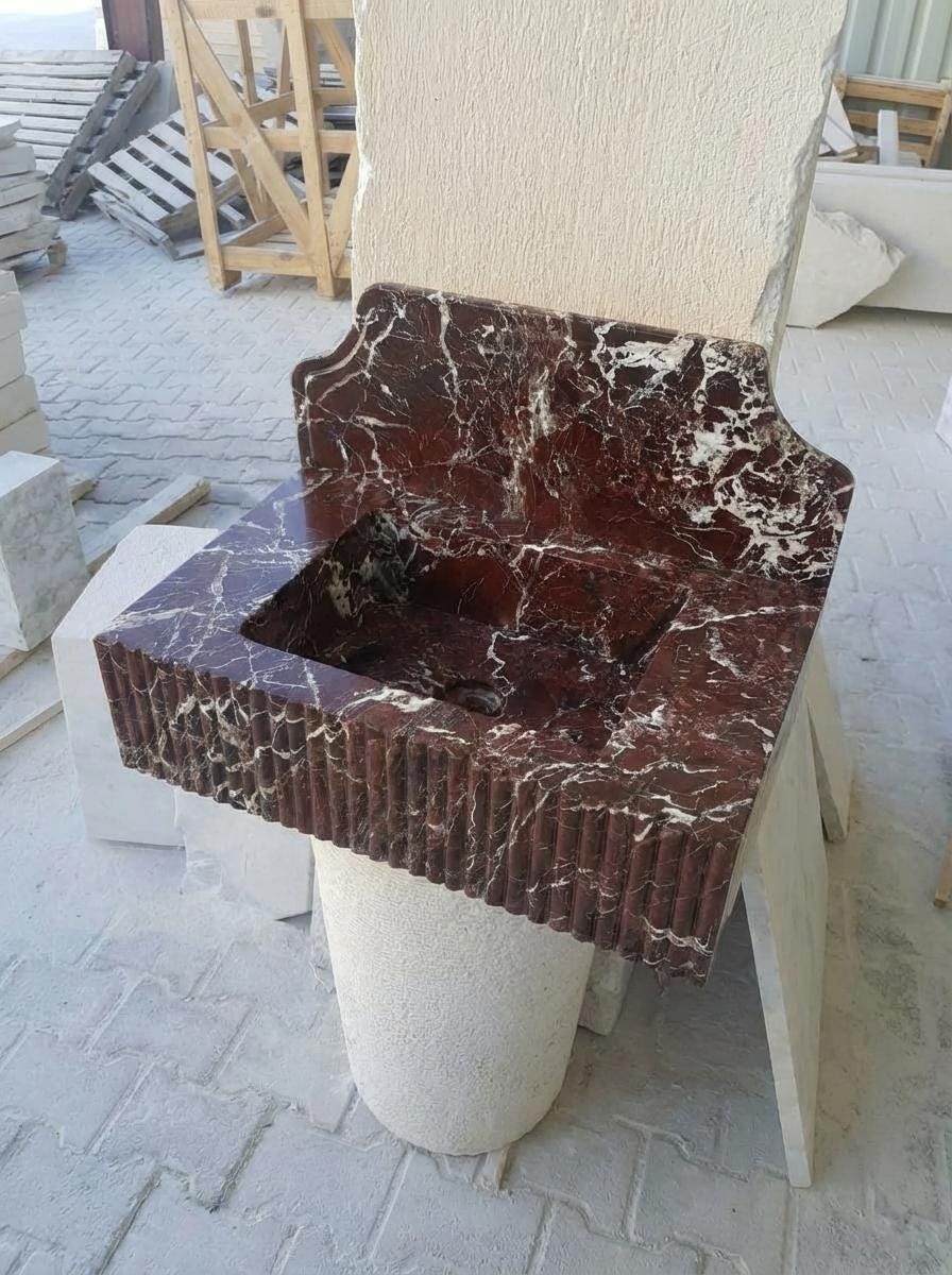 Handcarved Rosso Levanto marble wall mounted sink by Marblyart, custom made to order — photo 5 of 9