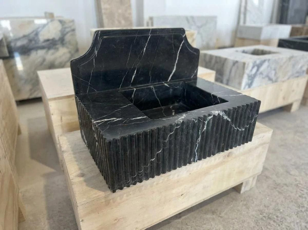 Handcarved Nero Marquina marble wall mounted sink by Marblyart, custom made to order — photo 2 of 14