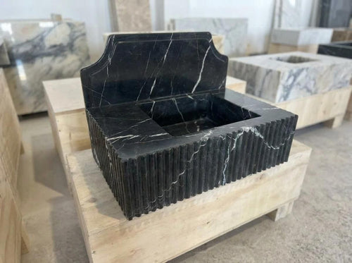 Handcarved Nero Marquina marble wall mounted sink by Marblyart, custom made to order — photo 2 of 14