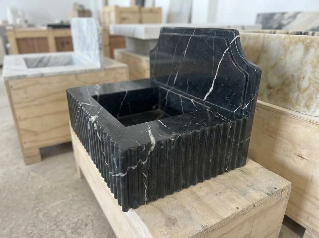 Handcarved Nero Marquina marble wall mounted sink by Marblyart, custom made to order — photo 4 of 14