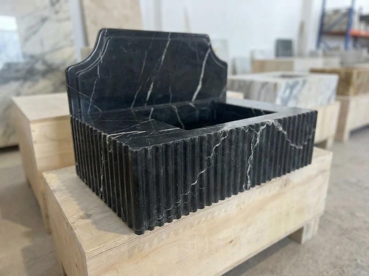 Handcarved Nero Marquina marble wall mounted sink by Marblyart, custom made to order — photo 10 of 14