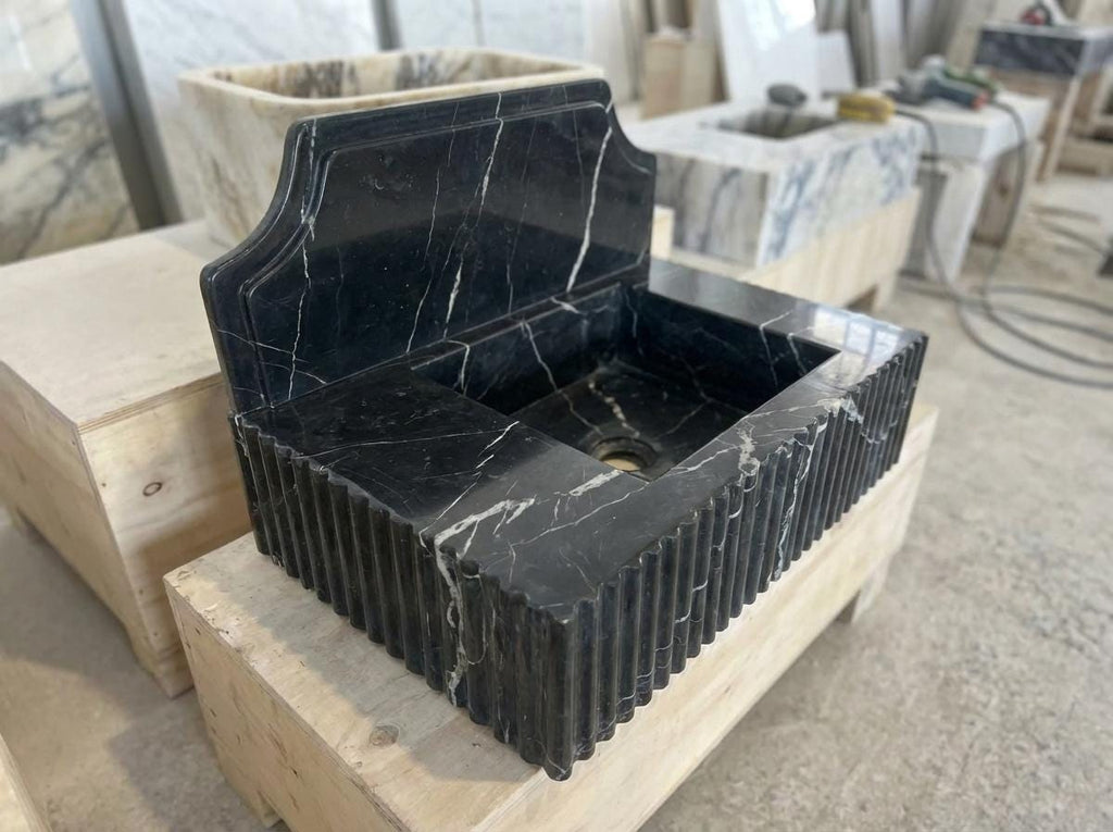 Handcarved Nero Marquina marble wall mounted sink by Marblyart, custom made to order — photo 8 of 14