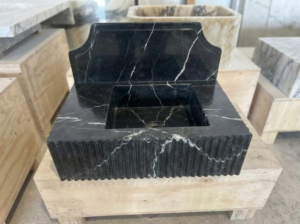 Handcarved Nero Marquina marble wall mounted sink by Marblyart, custom made to order — photo 11 of 14