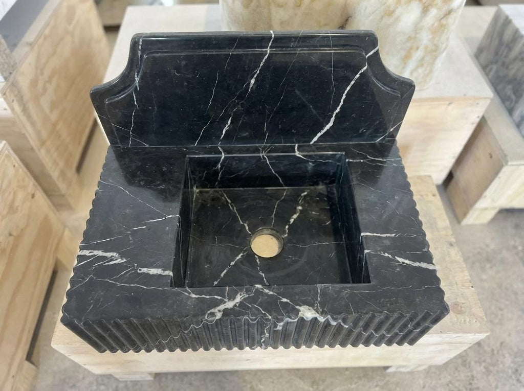 Handcarved Nero Marquina marble wall mounted sink by Marblyart, custom made to order — photo 13 of 14