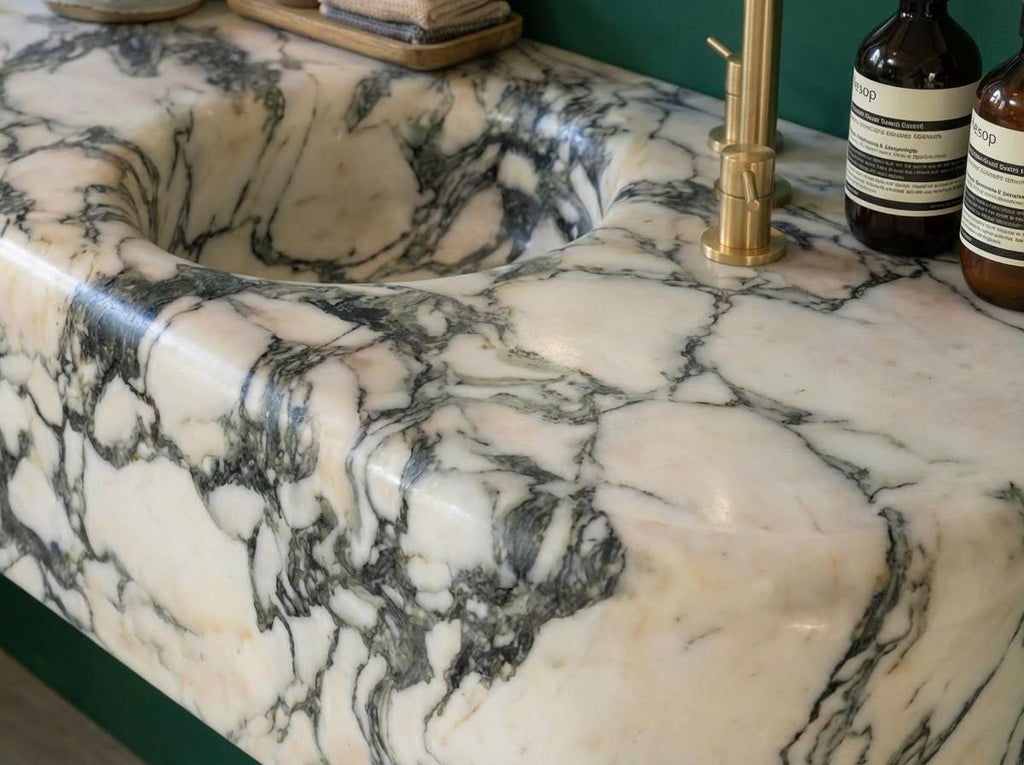 Handcarved natural marble marble floating vanity sink by Marblyart, custom made to order — photo 10 of 15