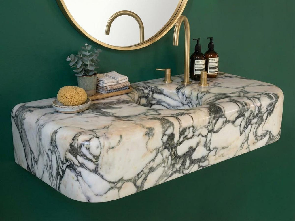 Handcarved natural marble marble floating vanity sink by Marblyart, custom made to order — photo 6 of 15