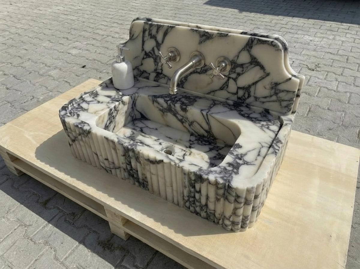Handcarved Calacatta Viola marble vessel sink by Marblyart, custom made to order — photo 10 of 14