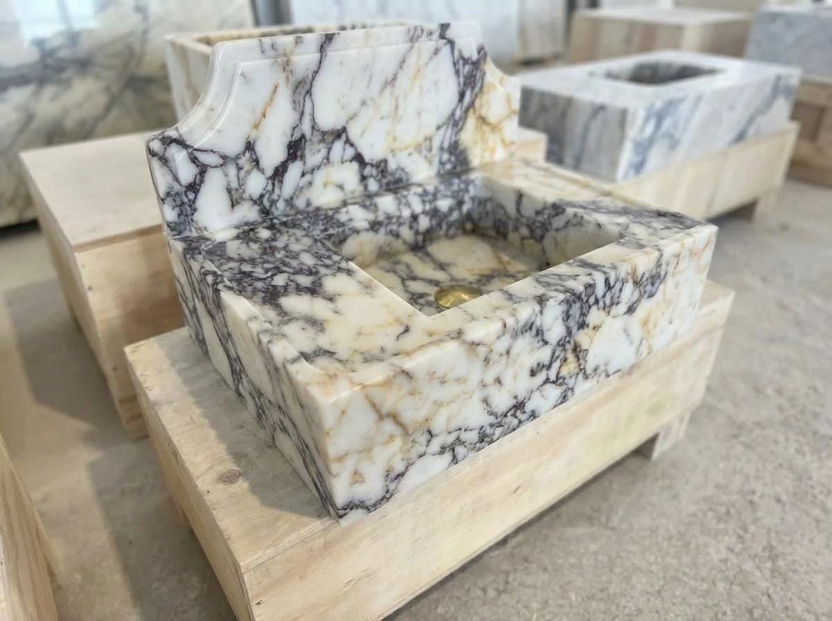 Handcarved natural marble marble floating vanity sink by Marblyart, custom made to order — photo 10 of 11