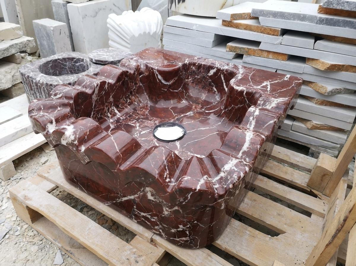 Handcarved Rosso Levanto marble floating vanity sink by Marblyart, custom made to order — photo 7 of 15