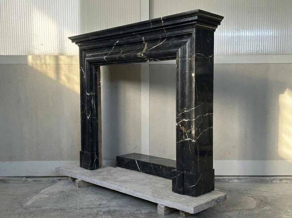 Handcarved Nero Marquina marble fireplace mantel by Marblyart, custom made to order — photo 4 of 11