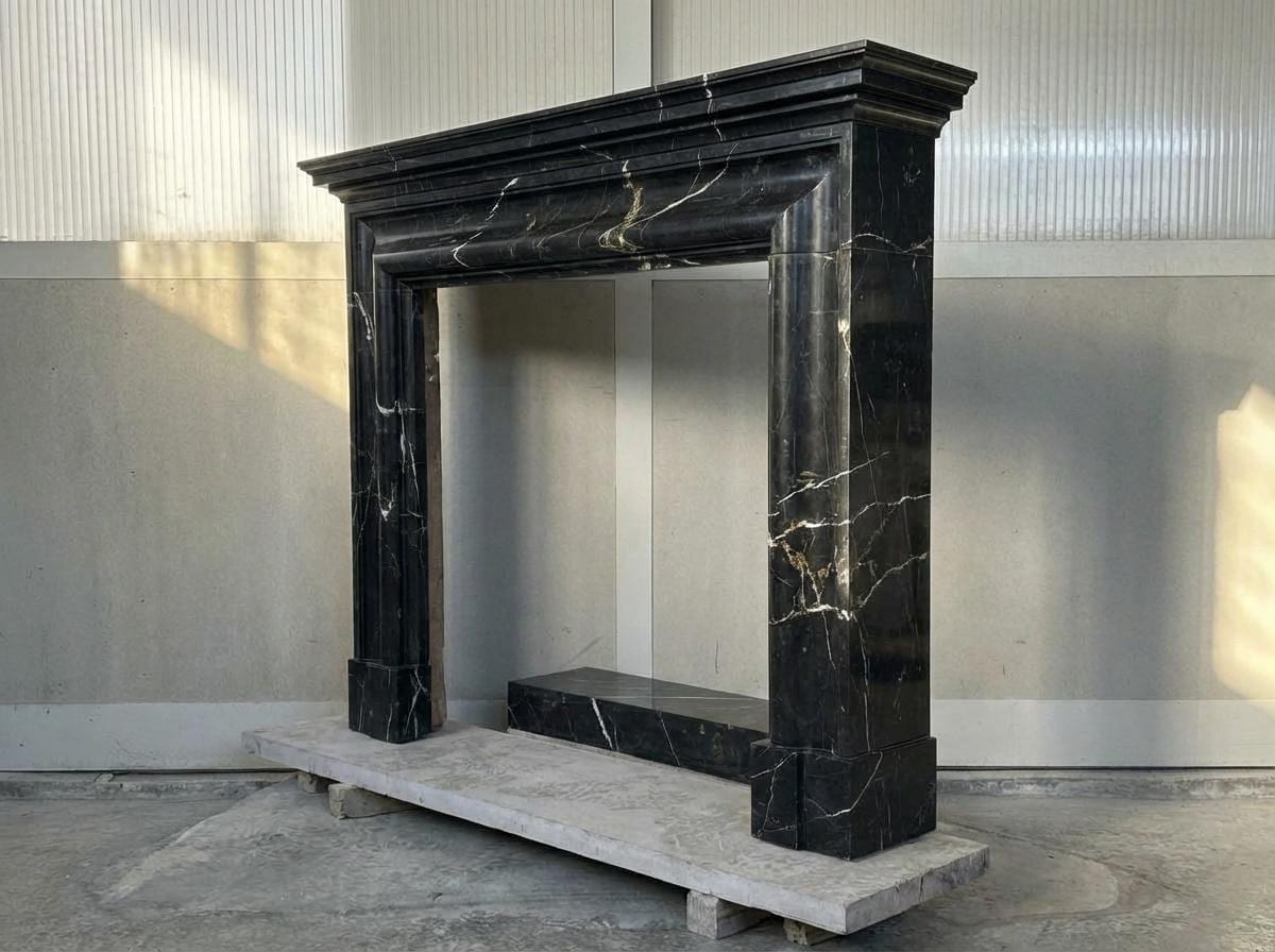 Handcarved Nero Marquina marble fireplace mantel by Marblyart, custom made to order — photo 4 of 11