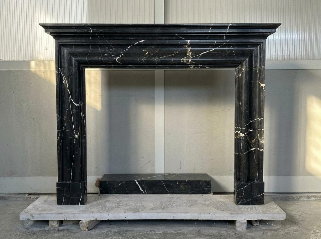 Handcarved Nero Marquina marble fireplace mantel by Marblyart, custom made to order — photo 2 of 11