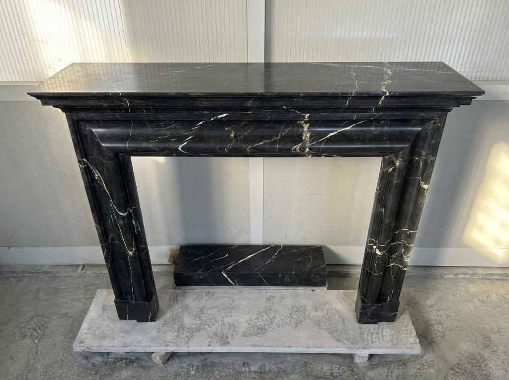 Handcarved Nero Marquina marble fireplace mantel by Marblyart, custom made to order — photo 6 of 11
