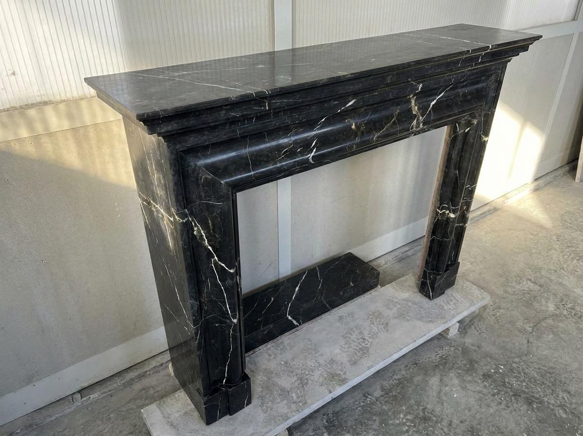 Handcarved Nero Marquina marble fireplace mantel by Marblyart, custom made to order — photo 7 of 11