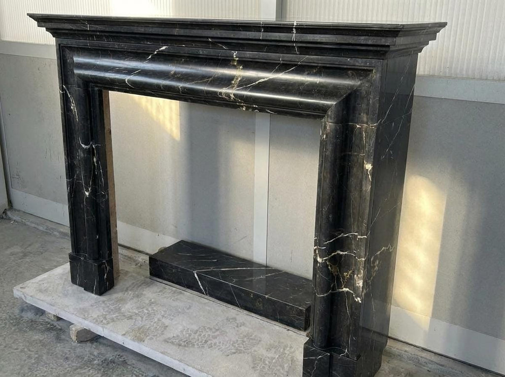 Handcarved Nero Marquina marble fireplace mantel by Marblyart, custom made to order — photo 8 of 11