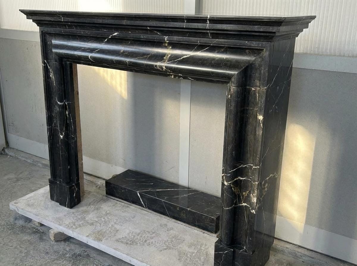 Handcarved Nero Marquina marble fireplace mantel by Marblyart, custom made to order — photo 8 of 11