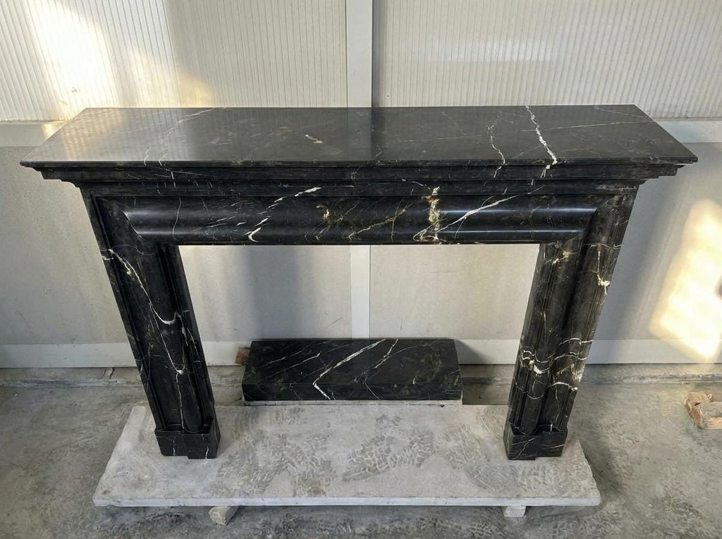 Handcarved Nero Marquina marble fireplace mantel by Marblyart, custom made to order — photo 9 of 11