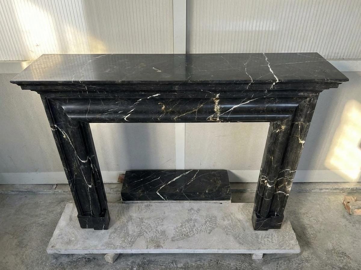 Handcarved Nero Marquina marble fireplace mantel by Marblyart, custom made to order — photo 9 of 11