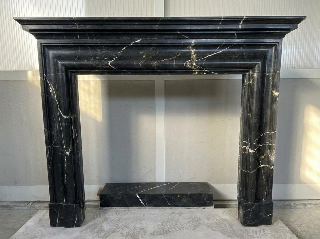 Handcarved Nero Marquina marble fireplace mantel by Marblyart, custom made to order — photo 11 of 11