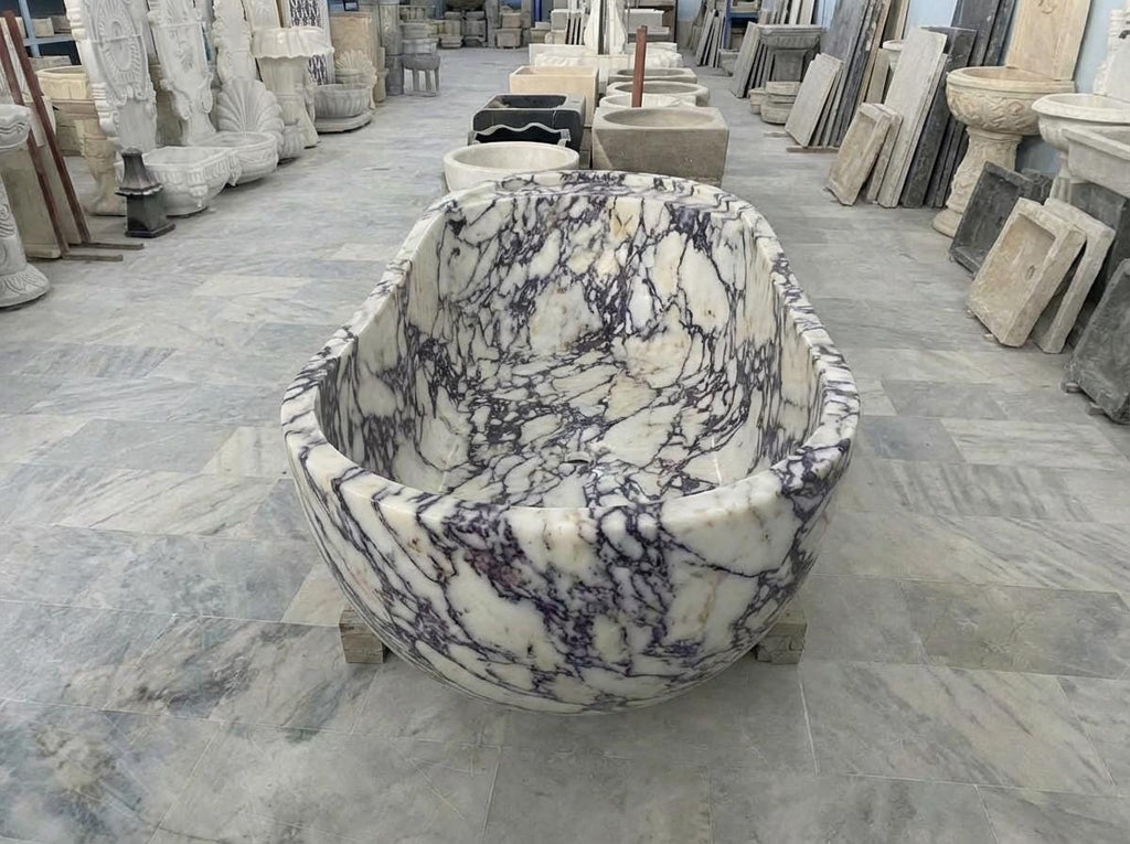 Handcarved Calacatta Viola marble freestanding bathtub by Marblyart, custom made to order — photo 6 of 13