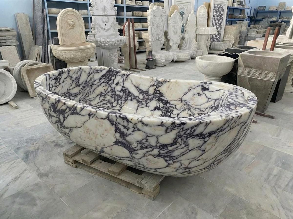 Handcarved Calacatta Viola marble freestanding bathtub by Marblyart, custom made to order — photo 11 of 13