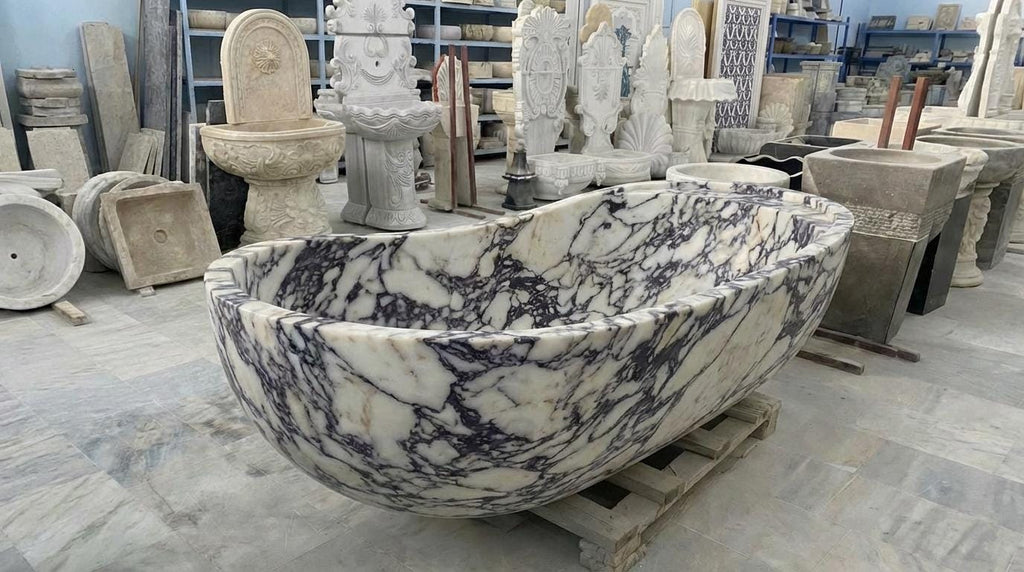 Handcarved Calacatta Viola marble freestanding bathtub by Marblyart, custom made to order — photo 10 of 13
