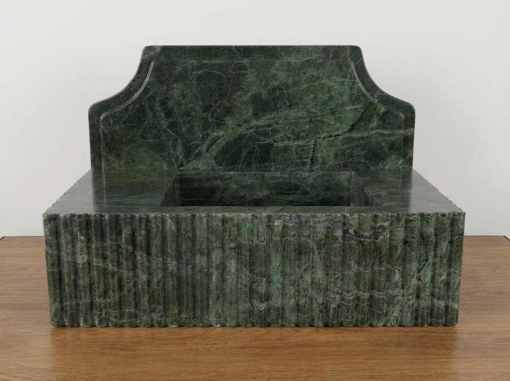 Handcarved Verde green marble wall mounted sink by Marblyart, custom made to order — photo 9 of 14