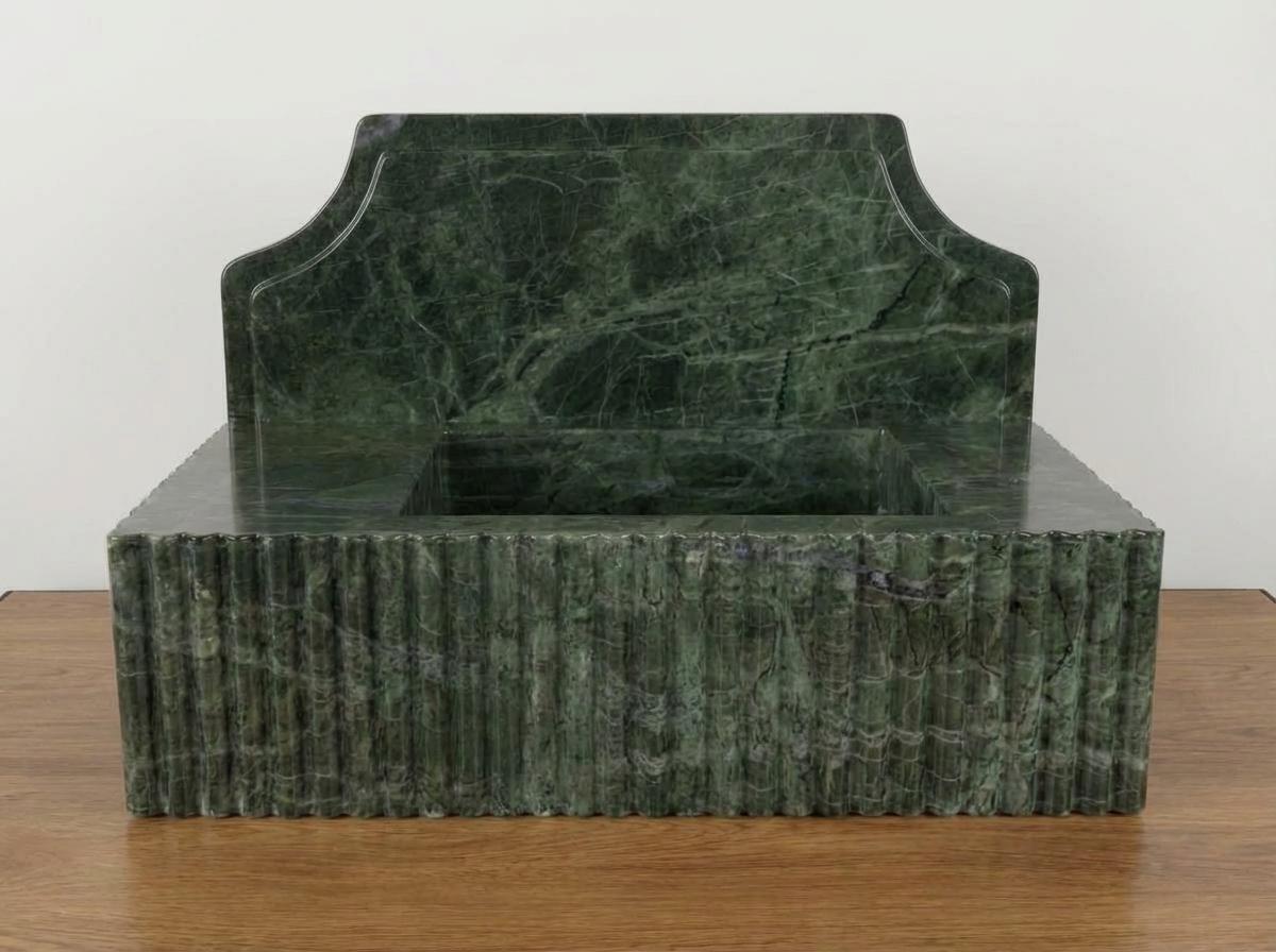 Handcarved Verde green marble wall mounted sink by Marblyart, custom made to order — photo 9 of 14