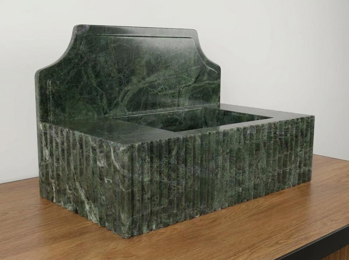 Handcarved Verde green marble wall mounted sink by Marblyart, custom made to order — photo 12 of 14
