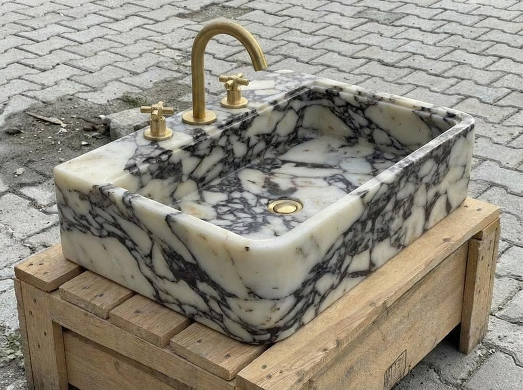 Handcarved Calacatta Viola marble vessel sink by Marblyart, custom made to order — photo 8 of 12