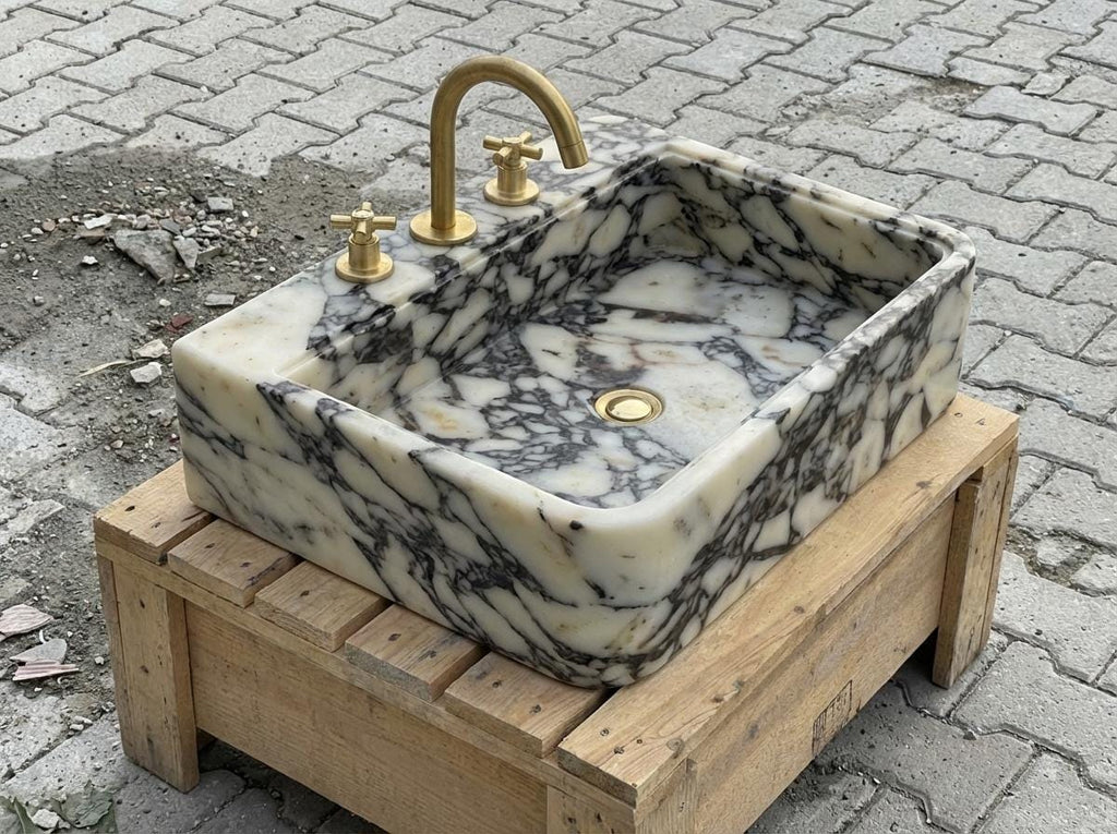 Handcarved Calacatta Viola marble vessel sink by Marblyart, custom made to order — photo 5 of 12