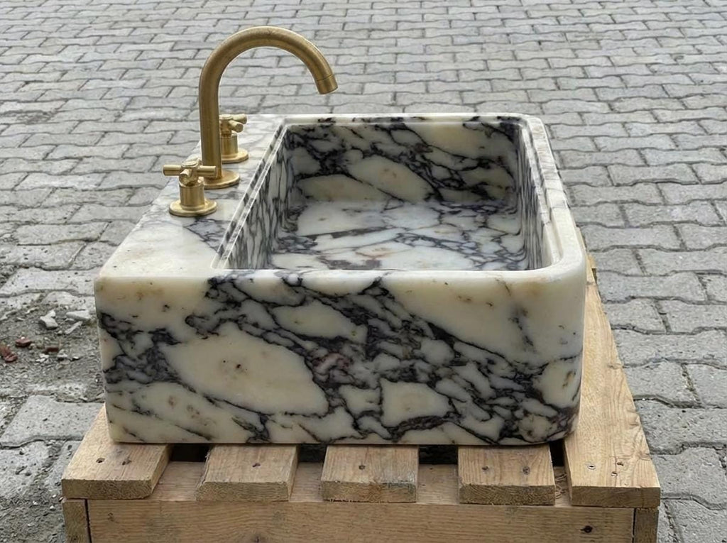 Handcarved Calacatta Viola marble vessel sink by Marblyart, custom made to order — photo 12 of 12