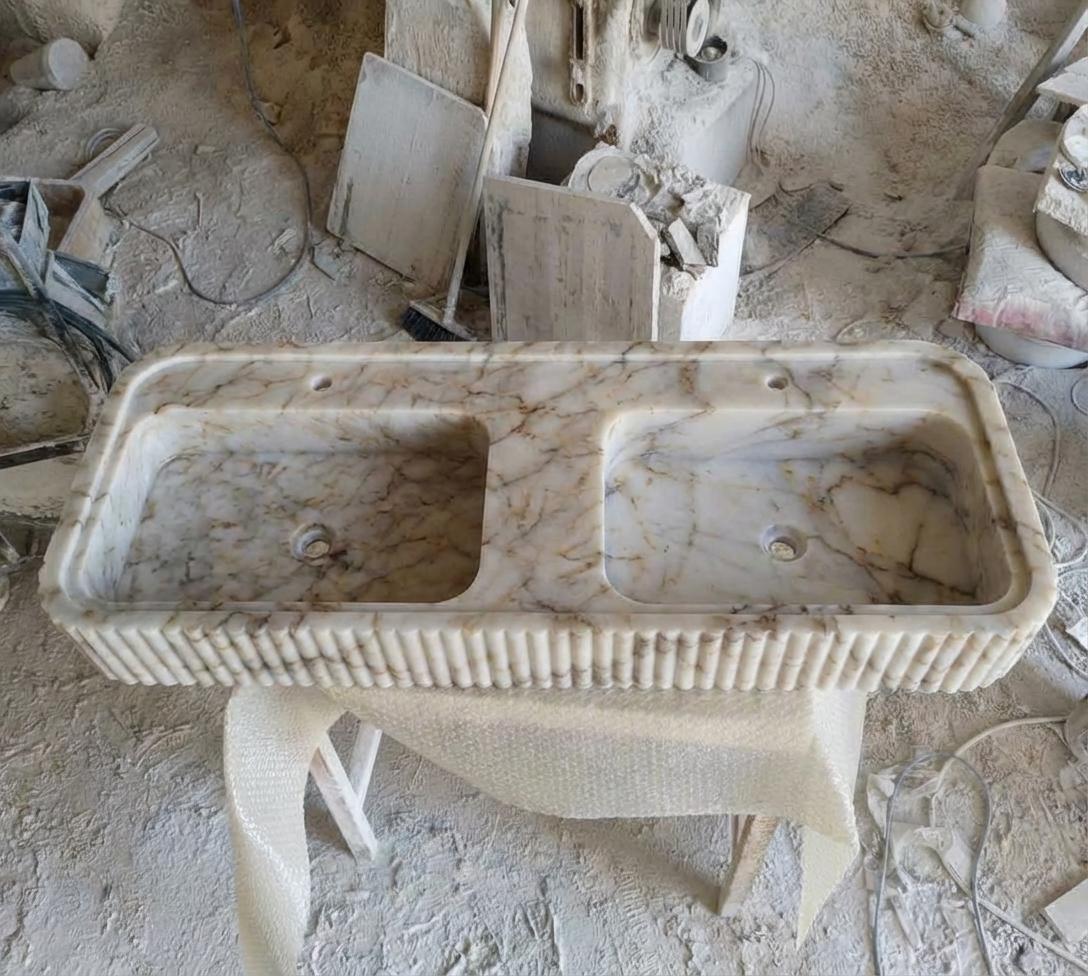 Handcarved Calacatta Gold marble double basin sink by Marblyart, custom made to order — photo 2 of 13