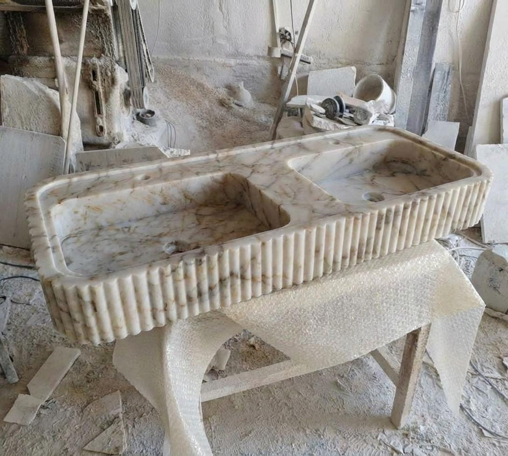 Handcarved Calacatta Gold marble double basin sink by Marblyart, custom made to order — photo 7 of 13