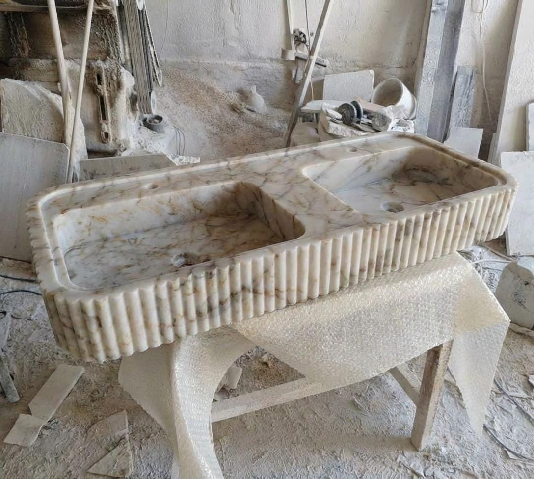 Handcarved Calacatta Gold marble double basin sink by Marblyart, custom made to order — photo 7 of 13
