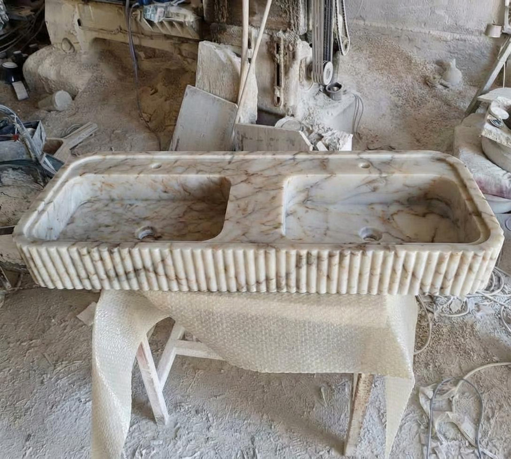 Handcarved Calacatta Gold marble double basin sink by Marblyart, custom made to order — photo 8 of 13